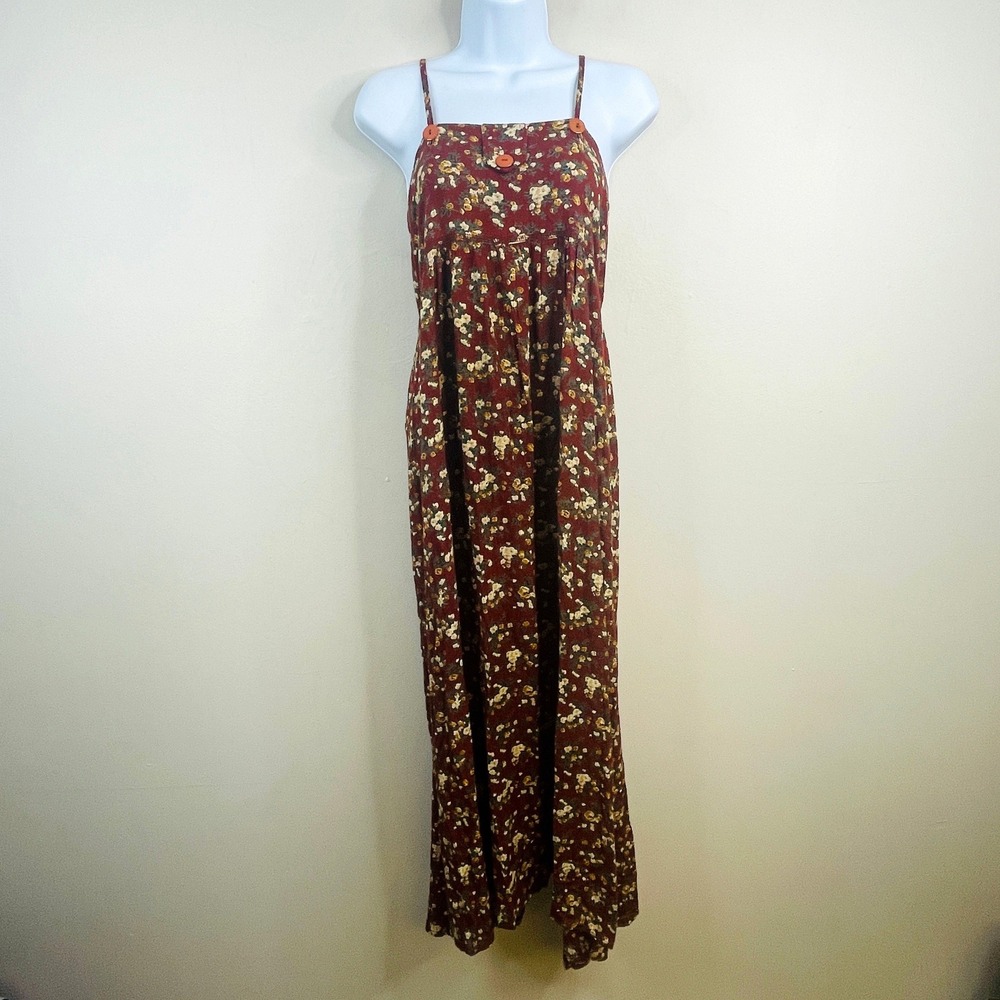Vintage 90s Floral Grunge Boho Maxi Dress Small Button Cut Out Back Earthy Layer